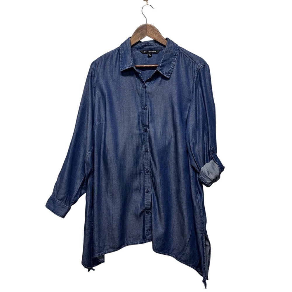 Zac & Rachel Top Plus‎ Sz 1X Tunic Asymmetric Chambray Roll Tab Sleeve Button Up